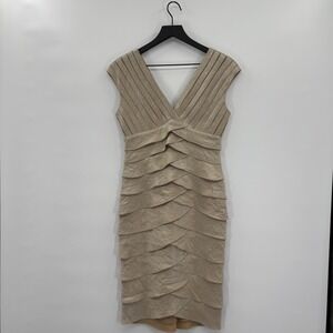 Elegant Gold Tiered V Neck Sheath Dress Womens Medium Wedding Guest Dress Formal